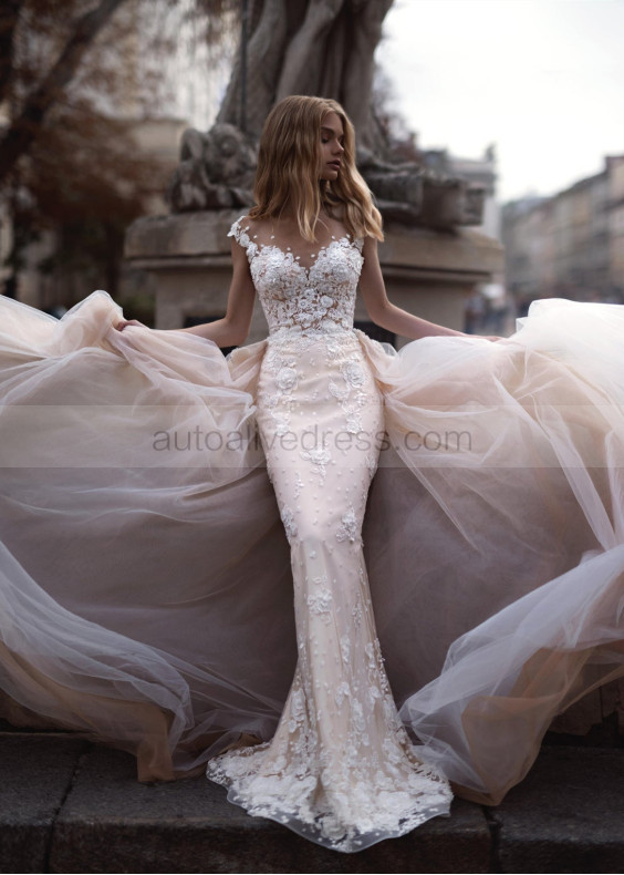Mermaid Beaded Ivory Lace Wedding Dress With Removable Train